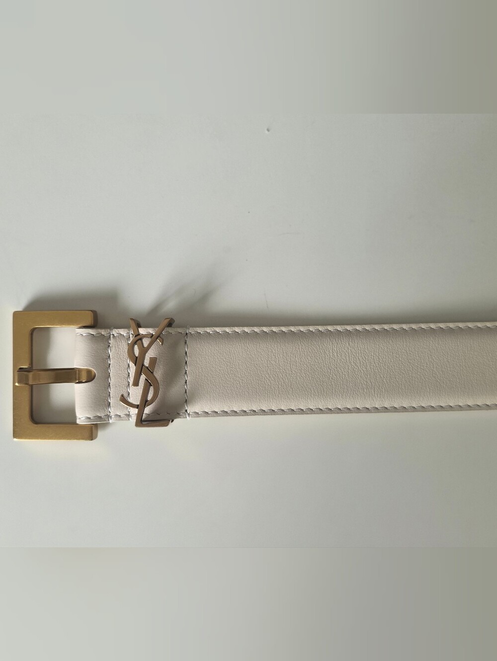 YSL Leather Cassandre Buckle Belt - Size [39.5] Ivory